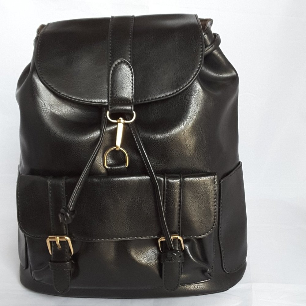 BLACK FAUX LEATHER BACKPACK